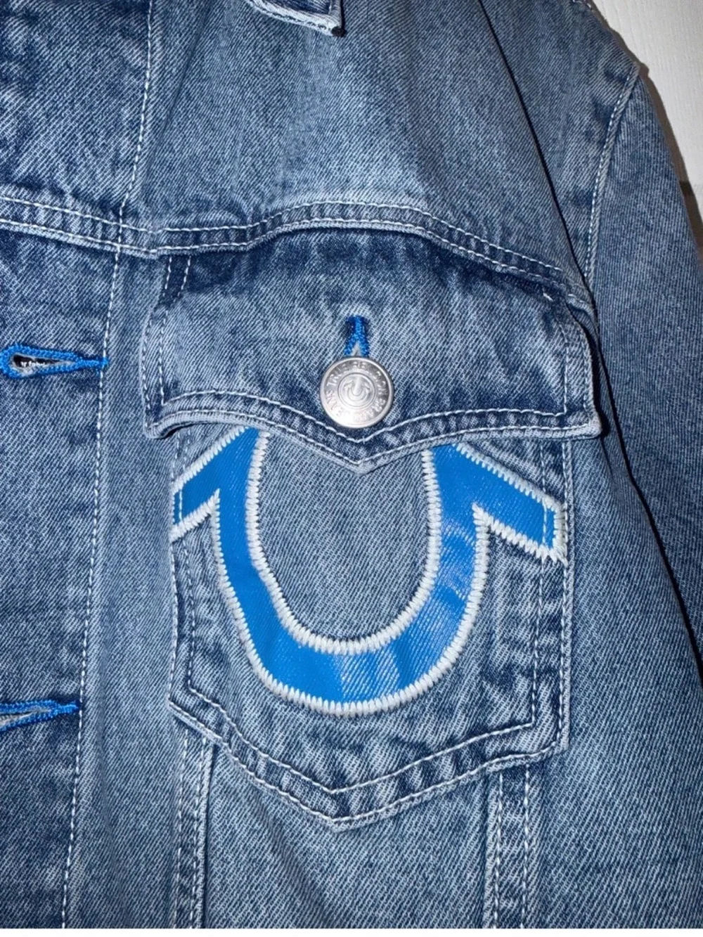True Religion Blue Denim Jacket with Contrast Pocket Arcs